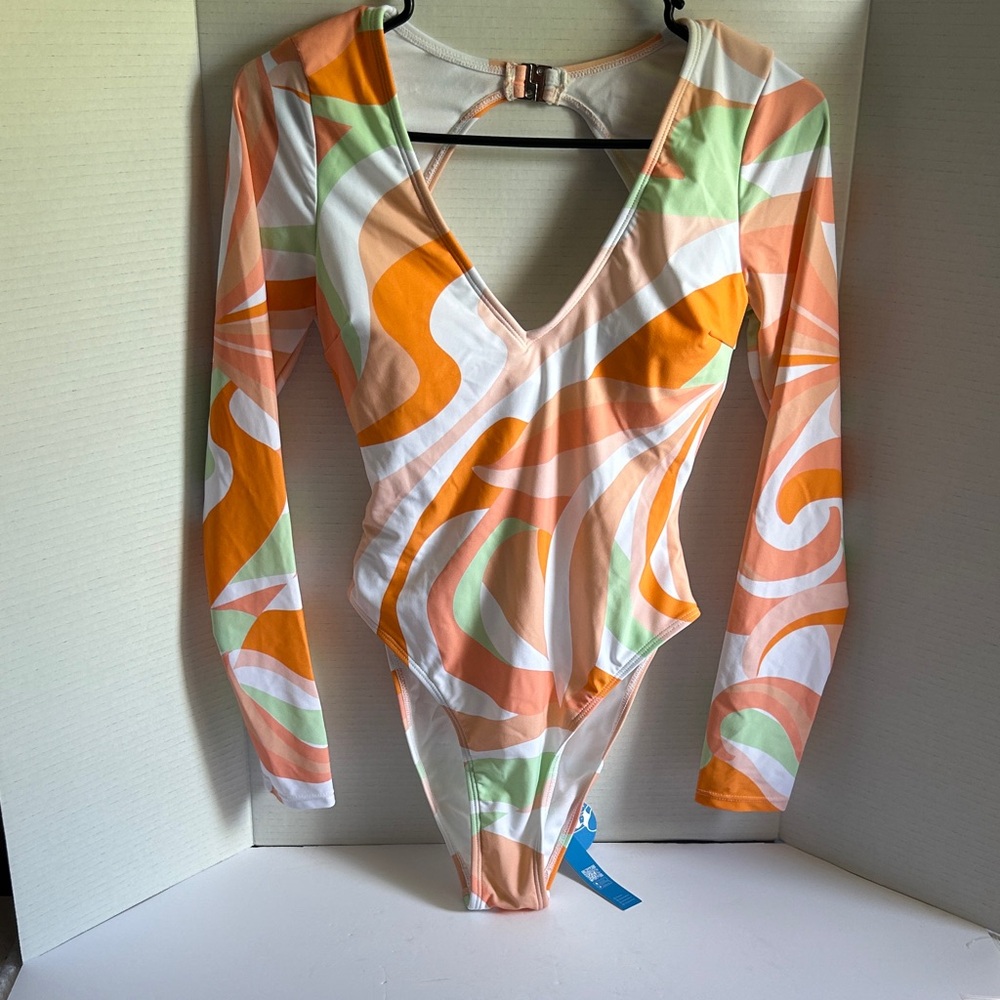 Cupshe Women's Orange and Green Swirl One Piece, Padded, long Sleeve, S Preowned